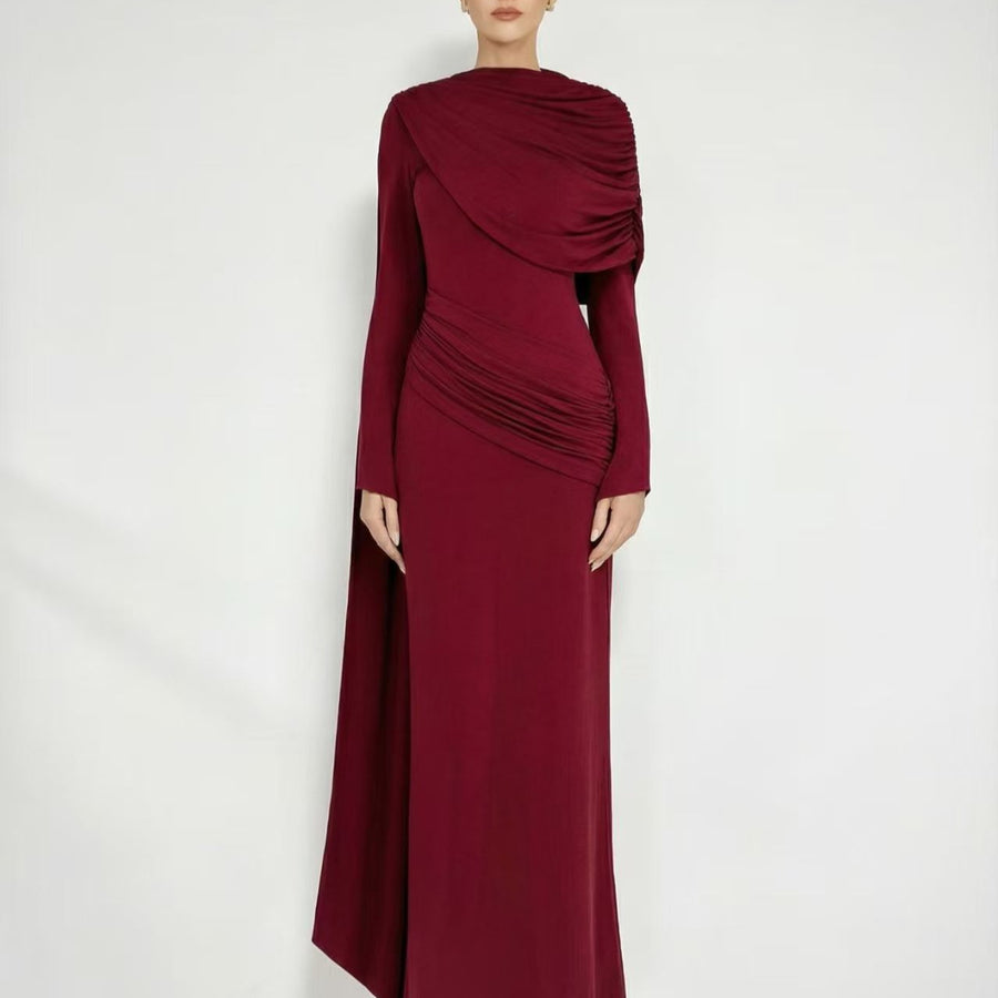 Long-Sleeve Draped Evening Gown — A Sweeping Shoulder Detail with Ruched Hips