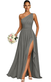 One shoulder chiffon long bridesmaid dress slit evening dress female sister group toast dress graduation performance dress factory direct supply