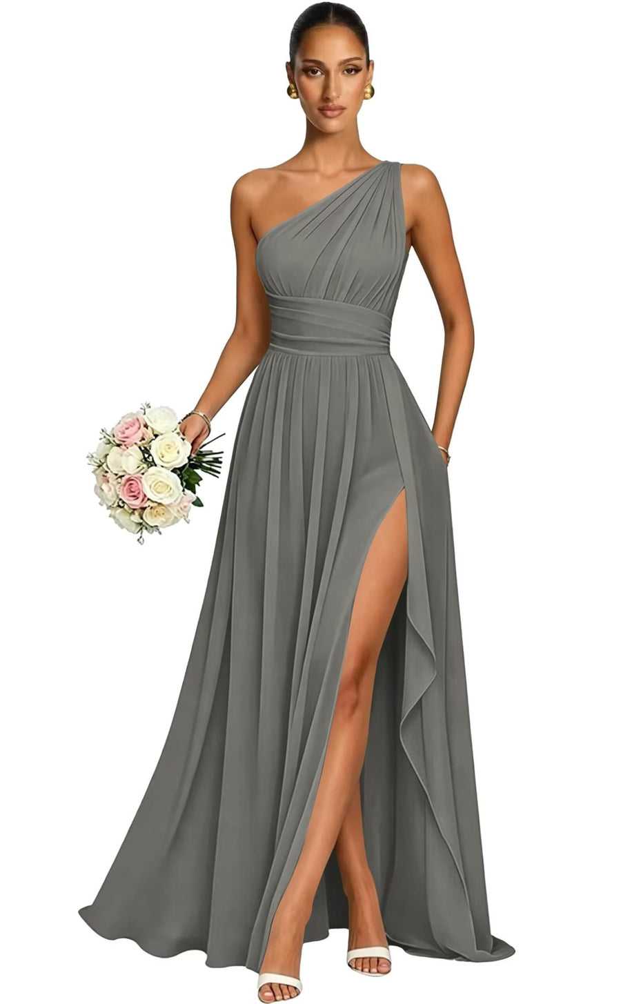One shoulder chiffon long bridesmaid dress slit evening dress female sister group toast dress graduation performance dress factory direct supply