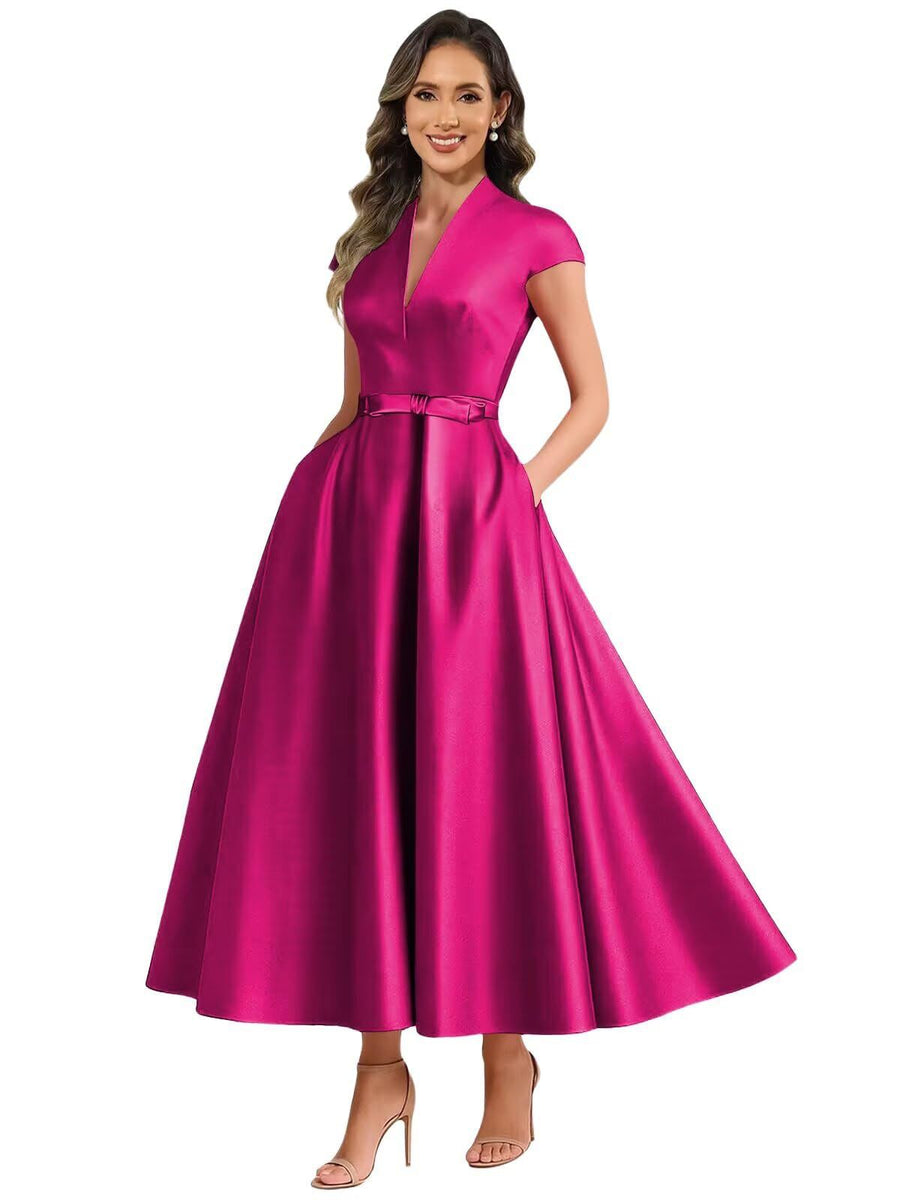 Fashion aliexpress export satin short banquet dress party bows evening dress wedding ladieswear church