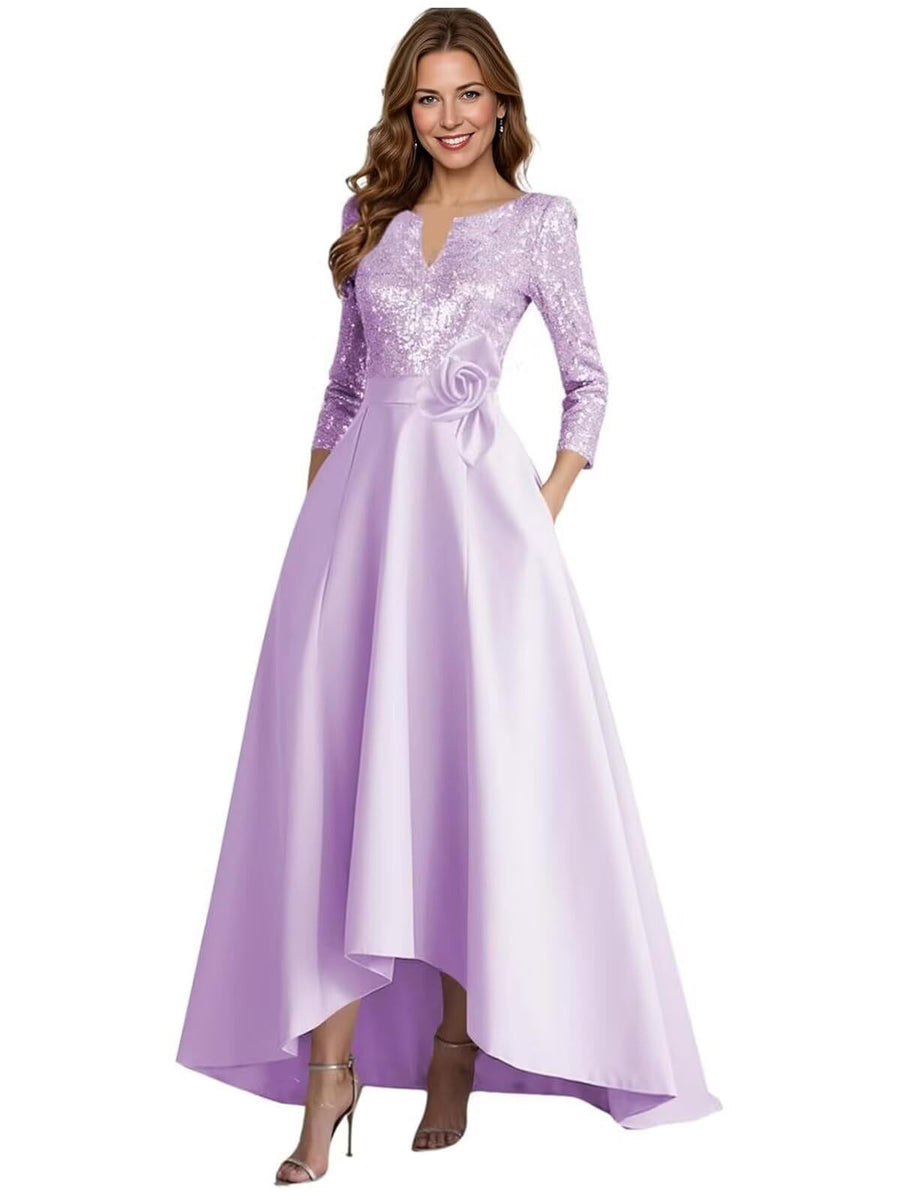 European and american style plus size evening gown for women, sequined satin high-low floor-length dress, wedding mother of the bride outfit, new year's gala performance dress
