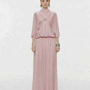 Cape-Detail Maxi Dress — A High Neckline with a Flowing Pleated Skirt