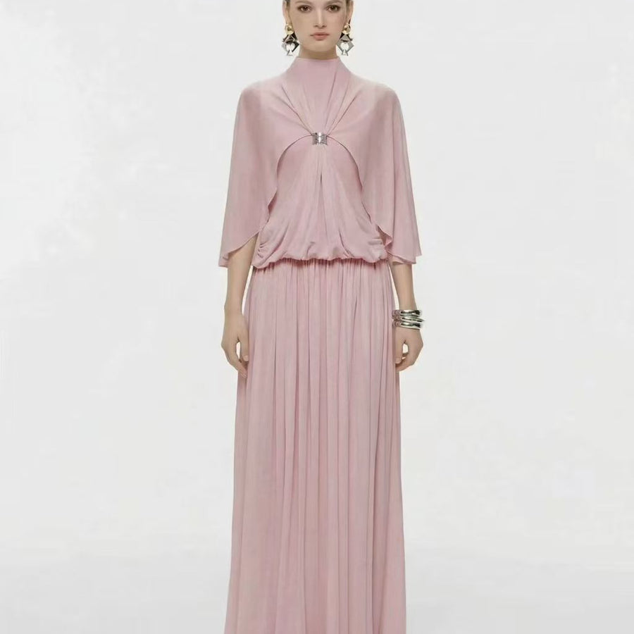 Cape-Detail Maxi Dress — A High Neckline with a Flowing Pleated Skirt