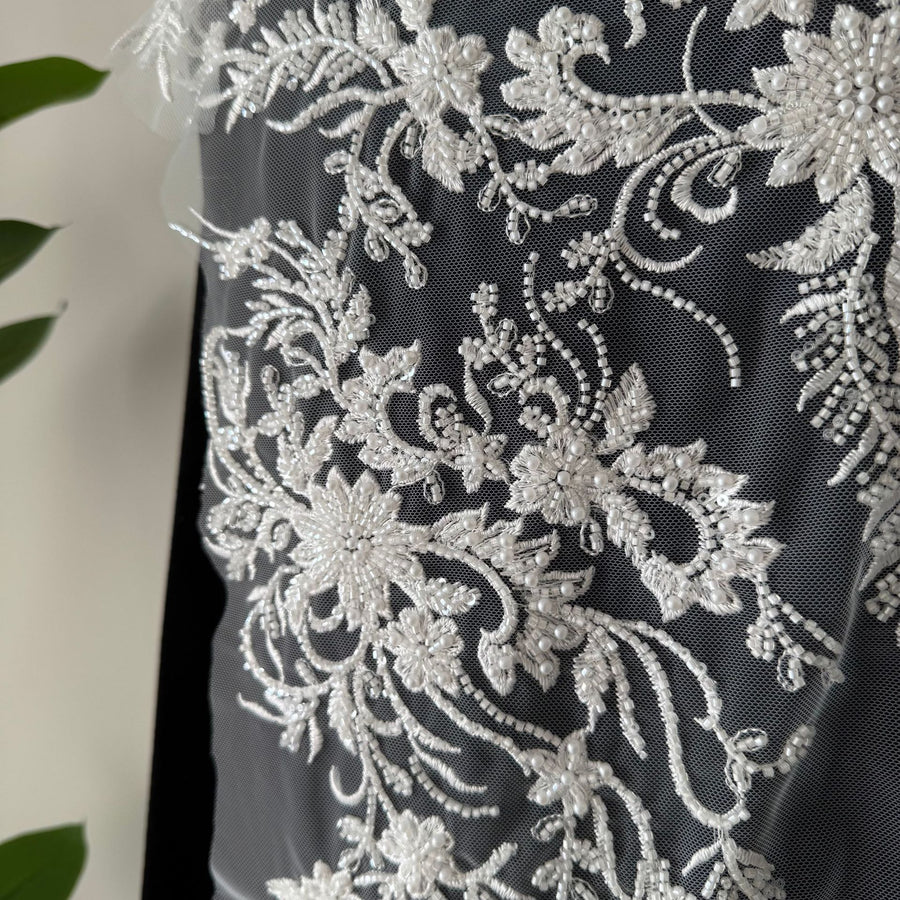 High-End Beaded Gold Sequin Embroidered Lace Floral Appliqué Fabric - DIY Wedding Dress, Evening Gown & Cheongsam (ZH498)