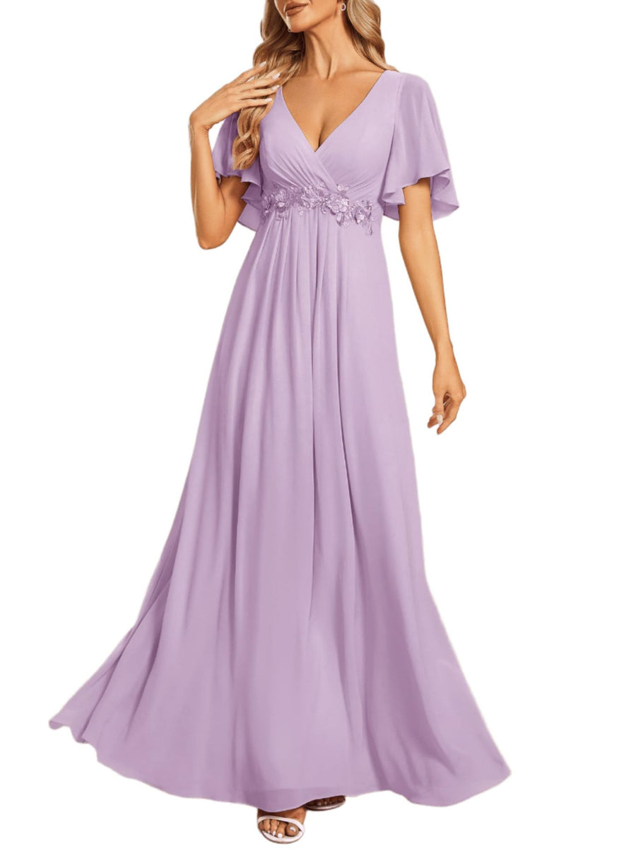 European and american style v-neck chiffon long bridesmaid dress, butterfly sleeve cinched waist slimming evening gown, party hostess dress