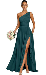 One shoulder chiffon long bridesmaid dress slit evening dress female sister group toast dress graduation performance dress factory direct supply