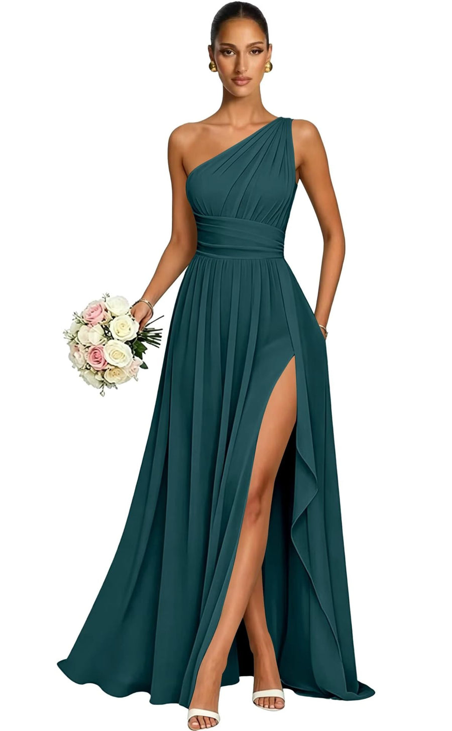 One shoulder chiffon long bridesmaid dress slit evening dress female sister group toast dress graduation performance dress factory direct supply