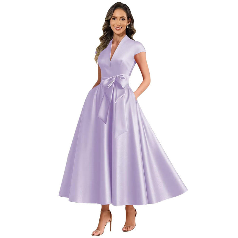 2026 premium satin v-neck midi dress with belted waist, pockets, and suitable for daily wear, parties, and hosting events