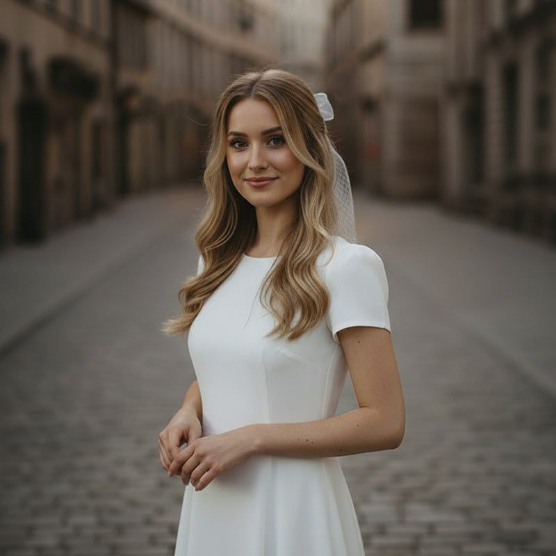 Short elegant Korean bow lace bridal veil in soft chiffon tulle
