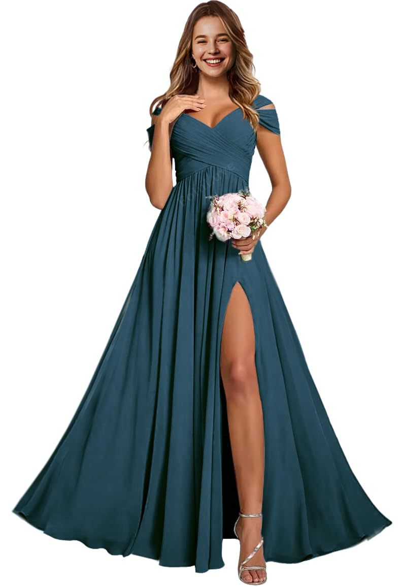 Off-the-shoulder bridesmaid dresses - long, slit, chiffon evening gowns for dinner parties, proms, and sisterhood events