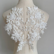 Zh430 white beaded embroidered lace rhinestone appliqué mesh fabric for wedding dresses, evening gowns, and apparel decoration