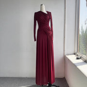 Long-Sleeve Pleated Evening Gown — An Asymmetric Neckline with Sculpted Draping