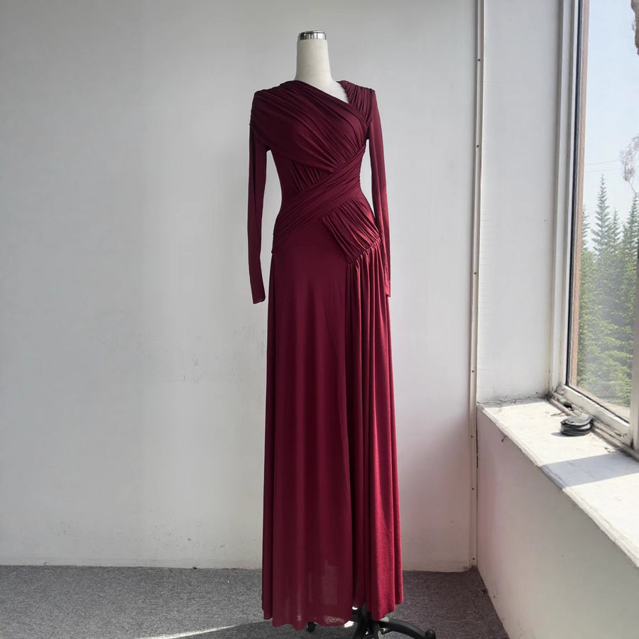 Long-Sleeve Pleated Evening Gown — An Asymmetric Neckline with Sculpted Draping
