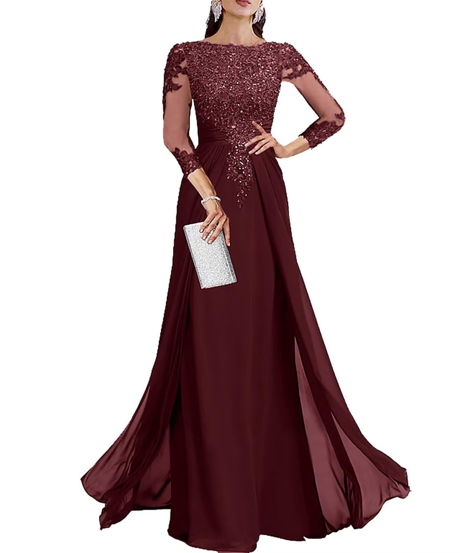 Cross-border lace patchwork long evening dress women's three-quarter sleeve banquet host bridesmaid dress new arrival elegant slimming evening gown