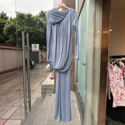 Long-Sleeve Draped Maxi Dress — Asymmetric Draping with a Ruched Waist