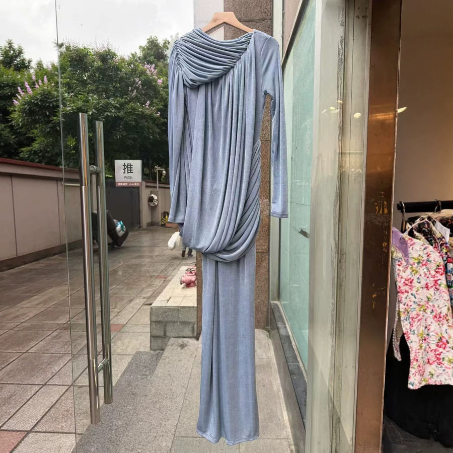 Long-Sleeve Draped Maxi Dress — Asymmetric Draping with a Ruched Waist