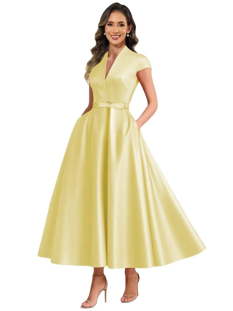 2026 premium satin v-neck midi dress with belted waist, pockets, and suitable for daily wear, parties, and hosting events