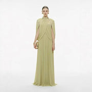 High-Neck Cape Evening Gown — Cross-Over Draping with a Flowing Pleated Skirt