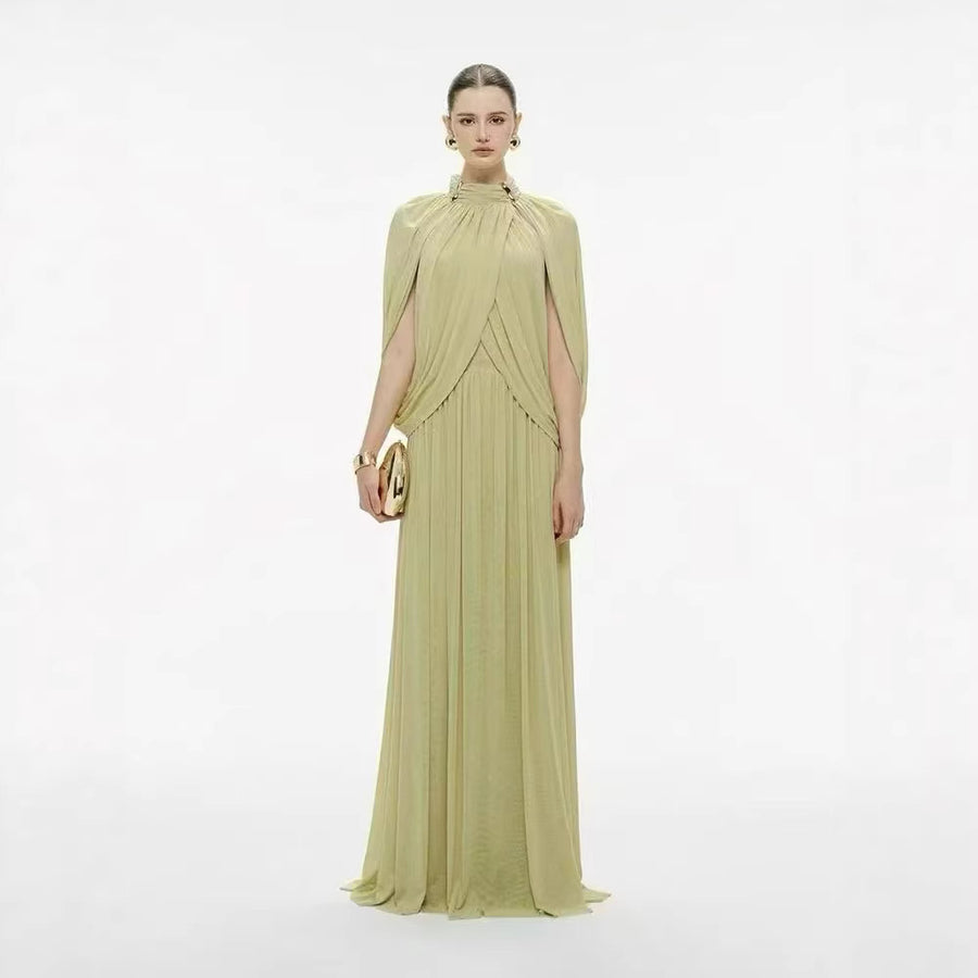 High-Neck Cape Evening Gown — Cross-Over Draping with a Flowing Pleated Skirt