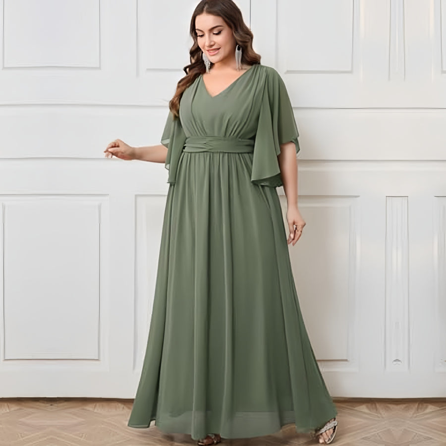 Plus size women's v-neck high-waisted a-line long evening gown/party dress - slimming and flattering - perfect for curvy moms (cross-border)