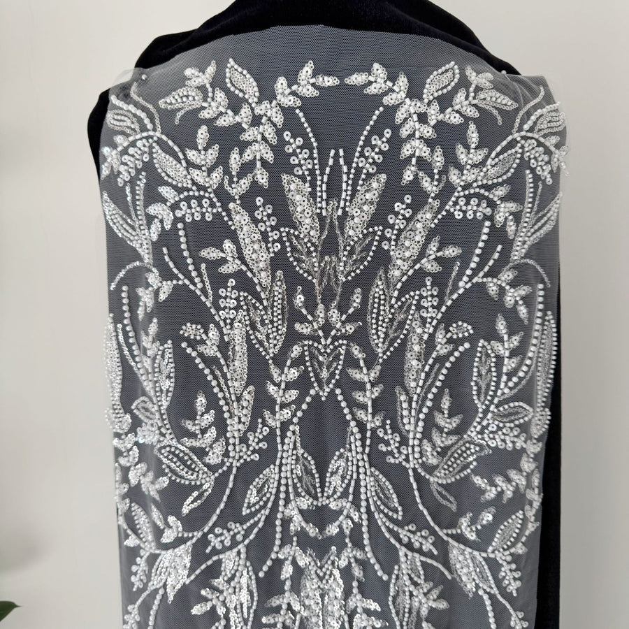 High-End Beaded Lace Fabric Trim with Pearl Embellishments - White Embroidered Floral DIY Wedding Dress & Apparel (ZH478)