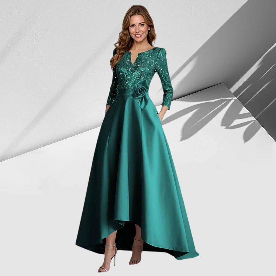 European and american style plus size evening gown for women, sequined satin high-low floor-length dress, wedding mother of the bride outfit, new year's gala performance dress