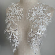 Beaded Sequin Lace Flower Appliqué Pair – DIY Wedding Veil, Dress & Clothing Embellishment (ZH519)