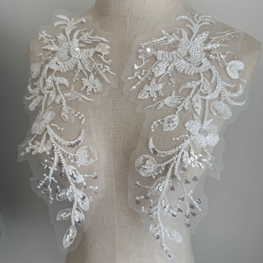 Beaded Sequin Lace Flower Appliqué Pair – DIY Wedding Veil, Dress & Clothing Embellishment (ZH519)