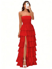 Cake skirt women's layered ruffles high slit long skirt sexy evening dress wedding bridesmaid dress tube top party dress