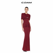 High-Neck Ruched Evening Gown — Sculpted Shoulders with Gathered Hip Draping