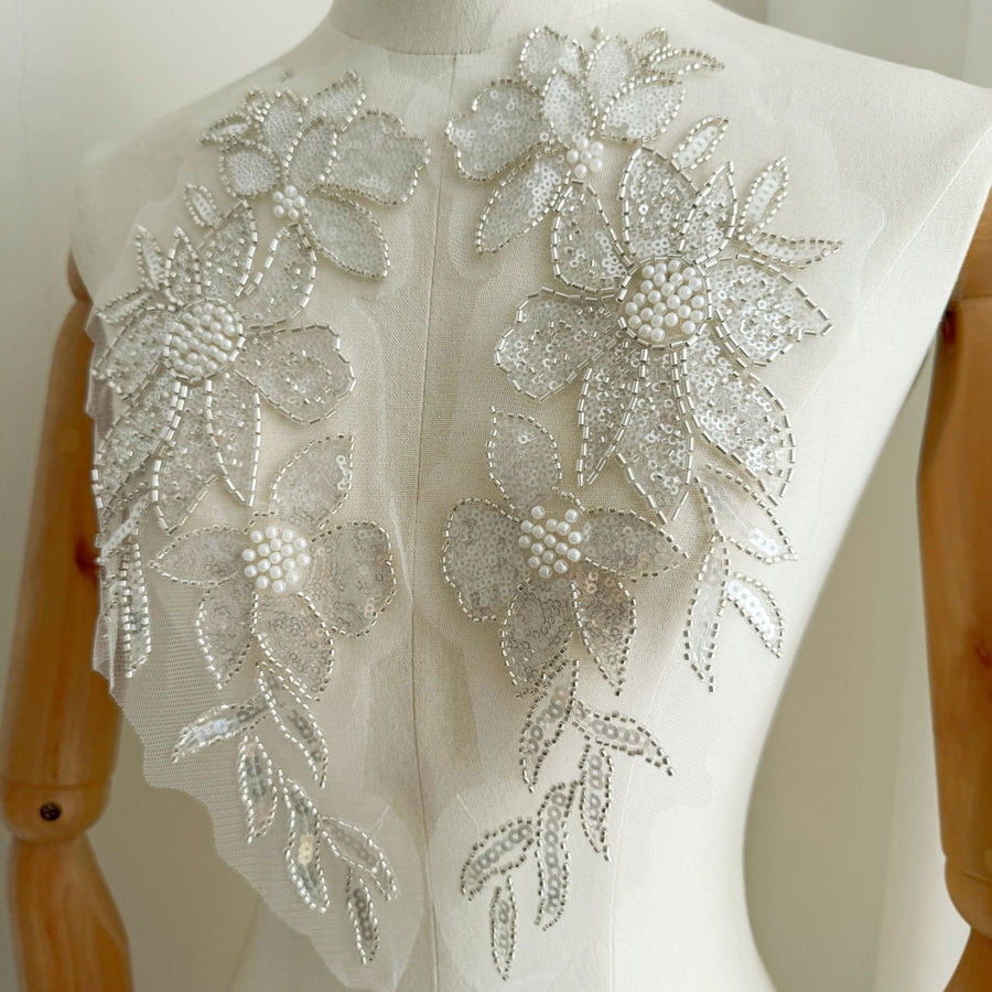 Beaded Embroidery Appliqué Pair – Seed Beads & Sequin Floral Embellishment for Wedding Dresses & Formal Wear (ZH517)