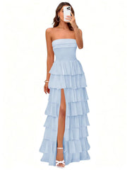 Cake skirt women's layered ruffles high slit long skirt sexy evening dress wedding bridesmaid dress tube top party dress