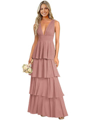 European and american chiffon bridesmaid dress v-neck sleeveless tiered cake dress wedding sister dress hostess outfit gown
