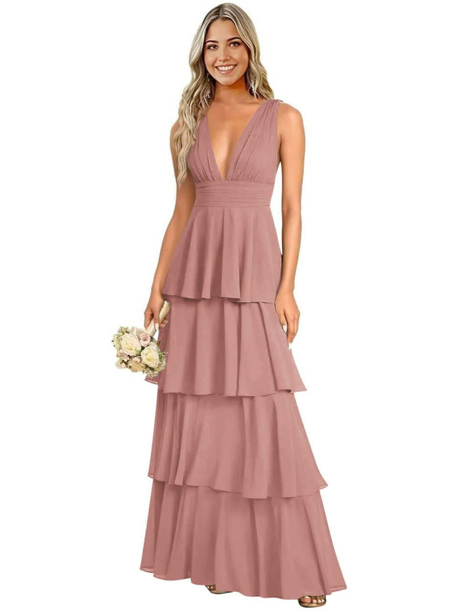 European and american chiffon bridesmaid dress v-neck sleeveless tiered cake dress wedding sister dress hostess outfit gown