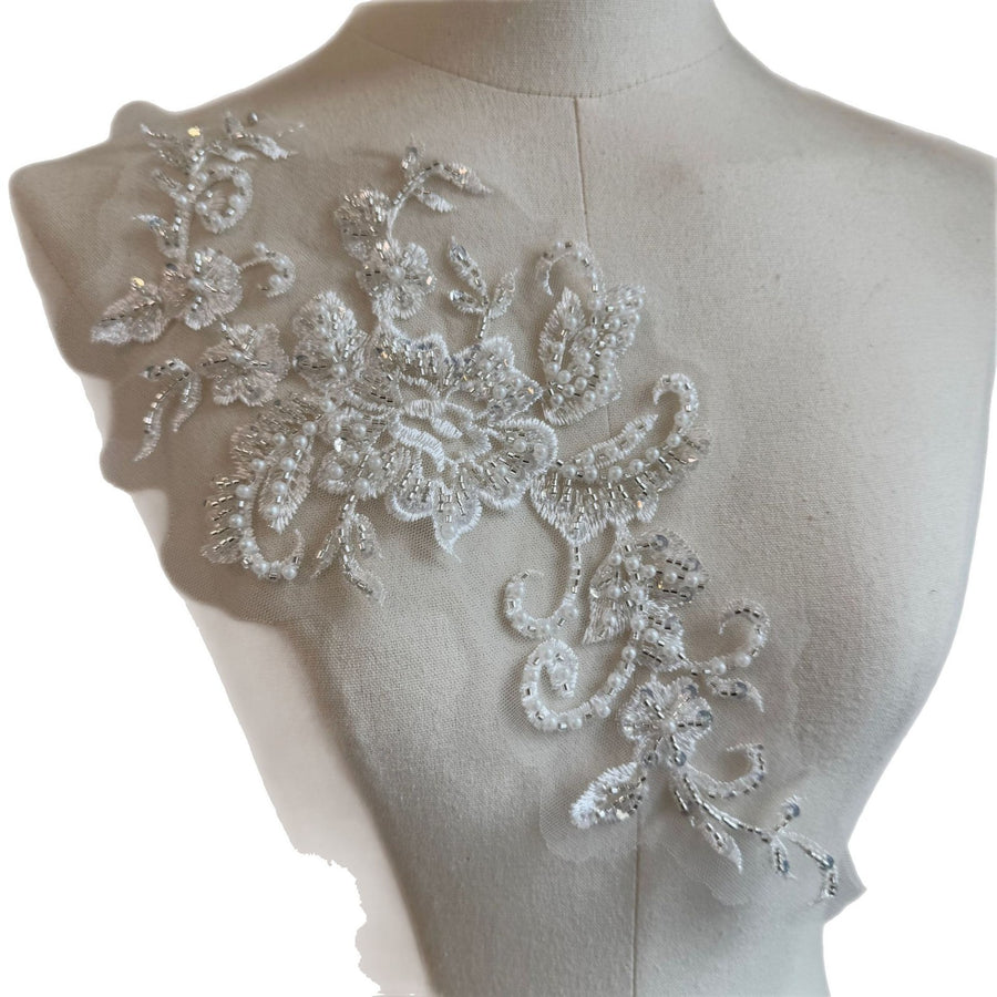 Mesh white beaded lace embroidered diy mom outfit clothing patch applique embroidery applique piece d90 single