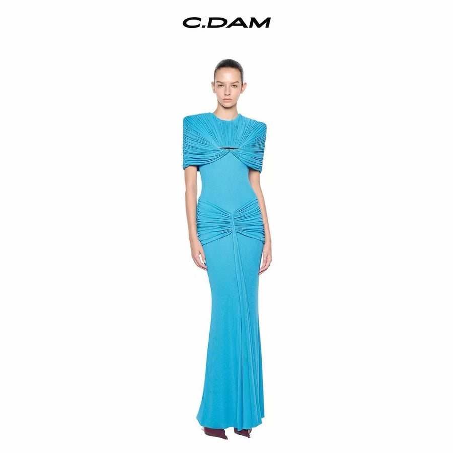 High-Neck Ruched Evening Gown — Sculpted Shoulders with Gathered Hip Draping
