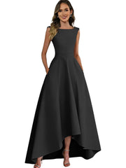 Women's solid color satin sleeveless fitted evening gown for export - amazon style cocktail party bridesmaid dress - high-low hem