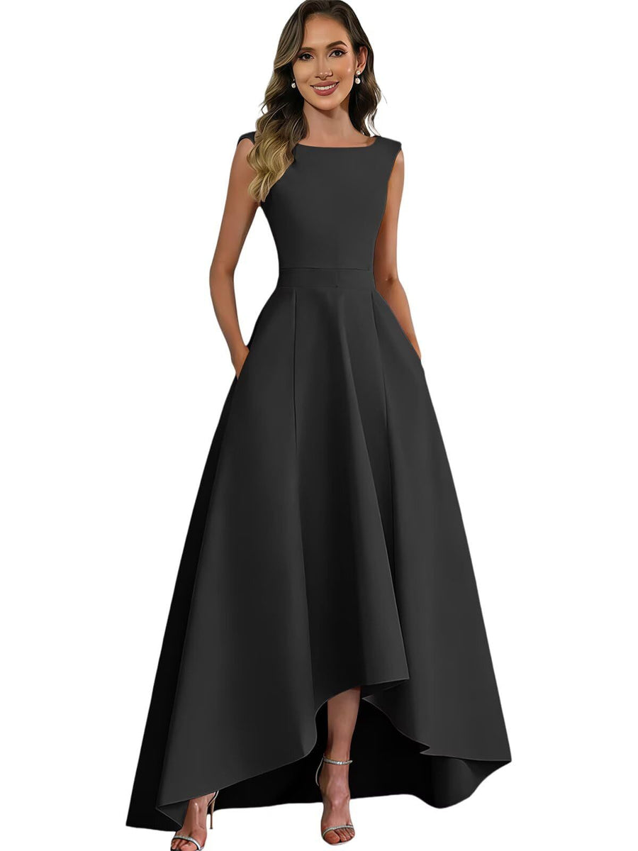 Women's solid color satin sleeveless fitted evening gown for export - amazon style cocktail party bridesmaid dress - high-low hem