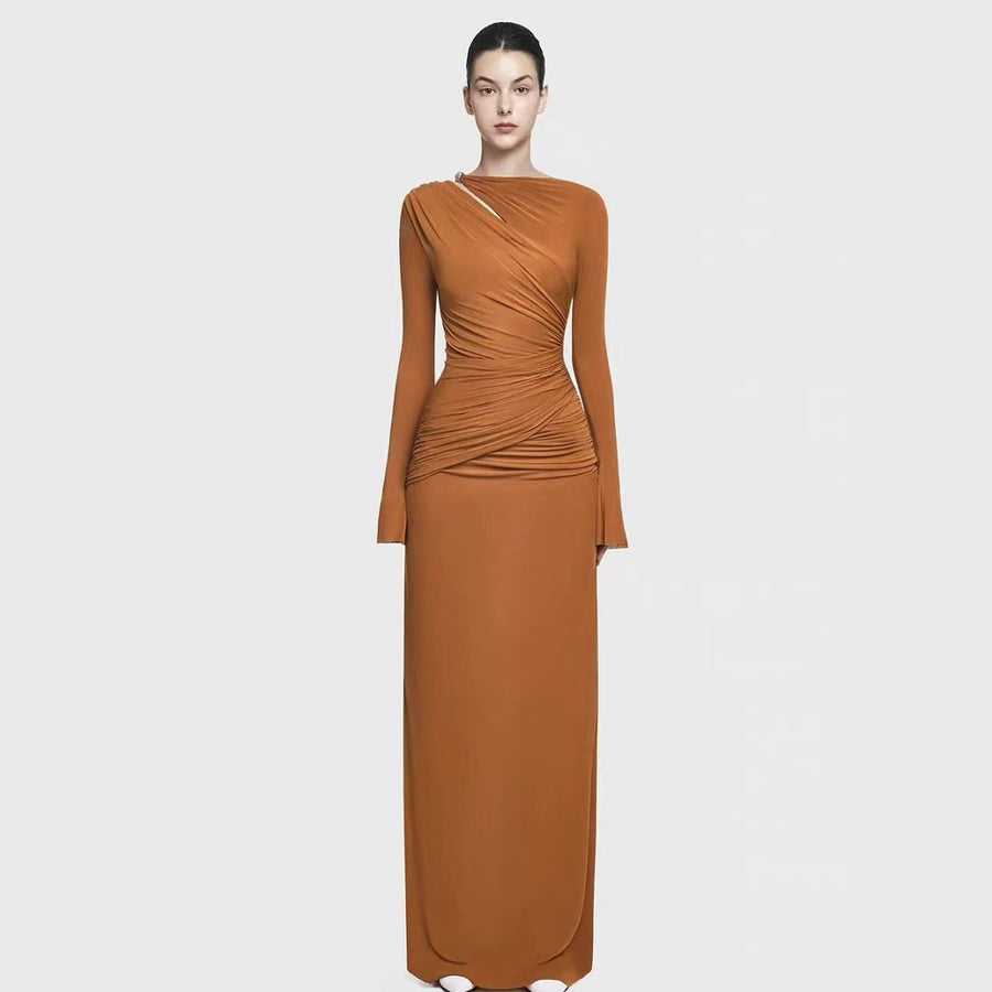 Long-Sleeve Ruched Maxi Dress — An Asymmetric Neckline with a Shoulder Cut-Out