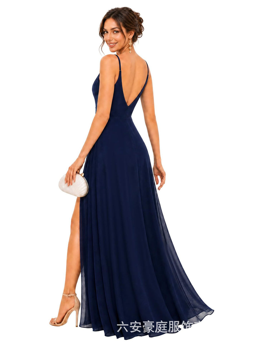 European and american style plus size evening gown women's chiffon high slit floor-length dress wedding bridesmaid dress annual meeting performance dress cross-border