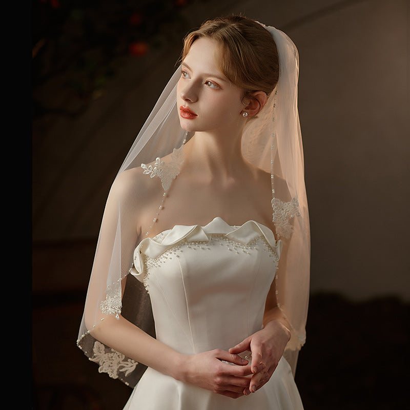 Étoile French Lace Bridal Veil handmade beaded off-white short wedding veil in soft chiffon tulle