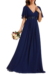 European and american style v-neck chiffon long bridesmaid dress, butterfly sleeve cinched waist slimming evening gown, party hostess dress