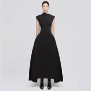 High-Neck A-Line Midi Dress — Sculpted Shoulders with an Asymmetric Hem