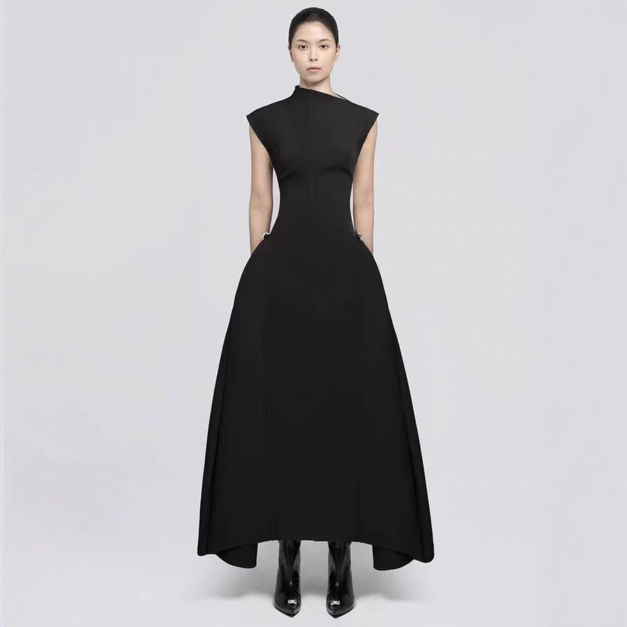 High-Neck A-Line Midi Dress — Sculpted Shoulders with an Asymmetric Hem