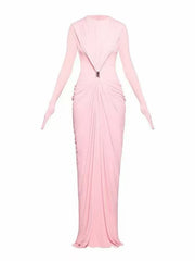 Long-Sleeve Ruched Maxi Dress — Sculpted Draping with a Jewel-Detail Waist