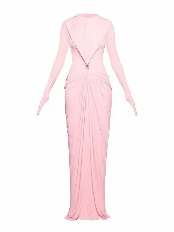 Long-Sleeve Ruched Maxi Dress — Sculpted Draping with a Jewel-Detail Waist
