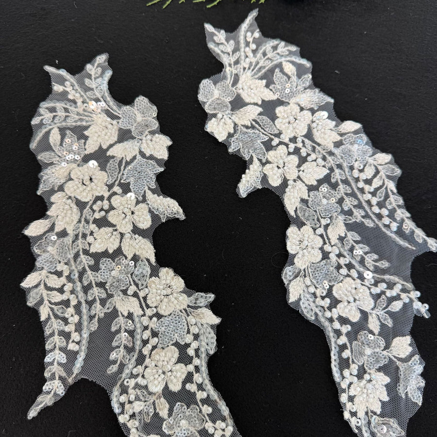 White Beaded Floral Lace Appliqué - DIY Handmade Wedding Dress & Bridal Accessory Embellishment