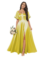 Satin square neck short-sleeved long evening dress, multiple colors available, sister group toast dress, annual meeting host, classy banquet