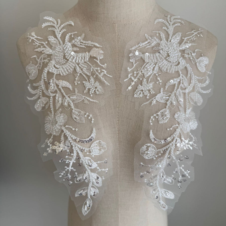 Beaded Sequin Lace Flower Appliqué Pair – DIY Wedding Veil, Dress & Clothing Embellishment (ZH519)
