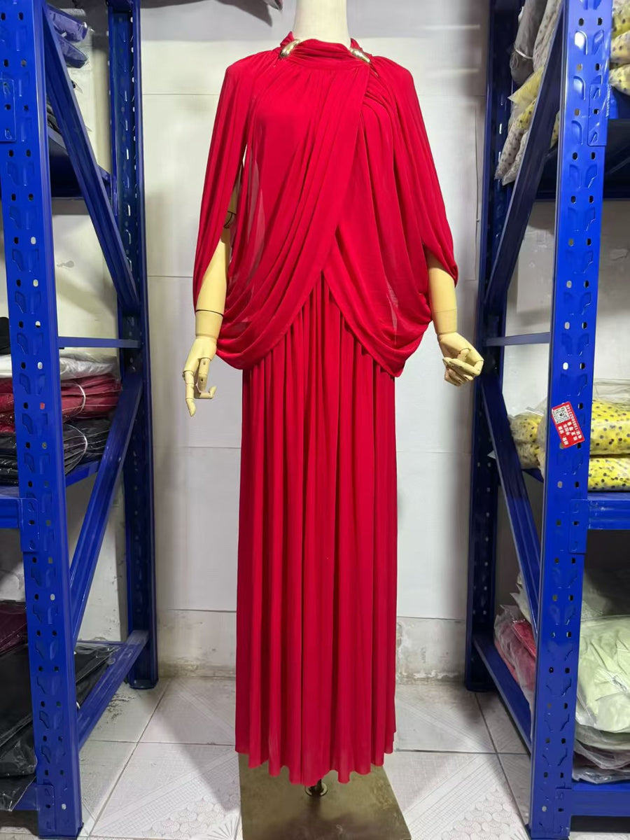 High-Neck Cape Evening Gown — Cross-Over Draping with a Flowing Pleated Skirt